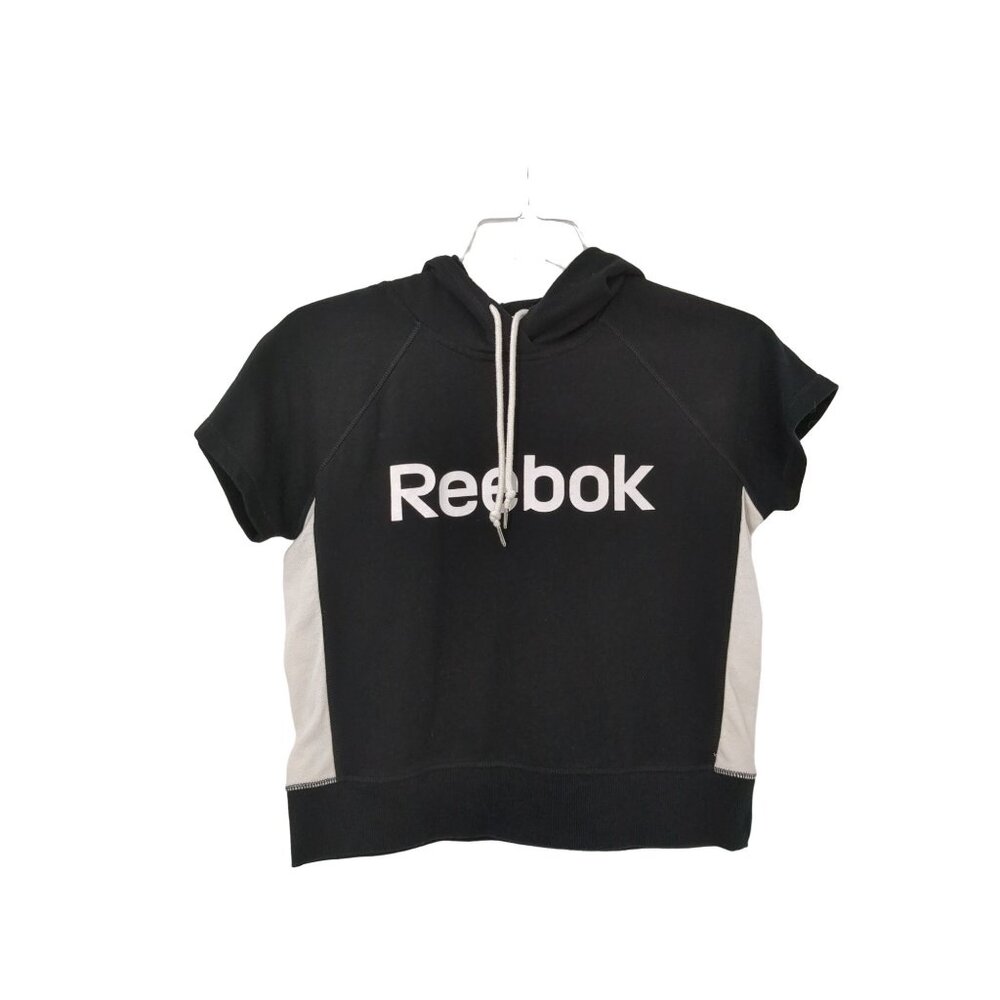 Reebok Crop Hoodie Shirt Women S Black Short Sleeve‎ Pullover Active Streetwear